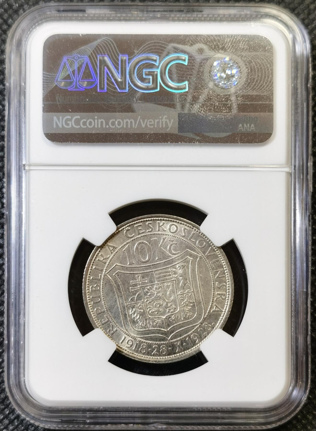 甄臻铺-世界币章拍卖（第46期）送拍享返佣金等优惠多多（1月10日精品场，敬请期待） NGC-UNCD 捷克斯洛伐克1928年10克朗银币 10克 700银