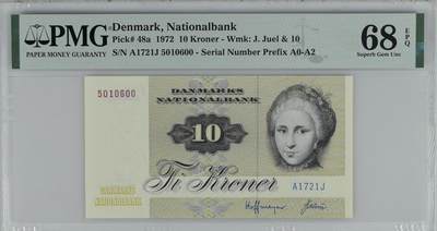 🐍甜小邱世界纸币收藏🐍第139期精品场💐 - 【冠军分】初版 无347靓号 PMG68 丹麦 10 克朗 丑小鸭 1972