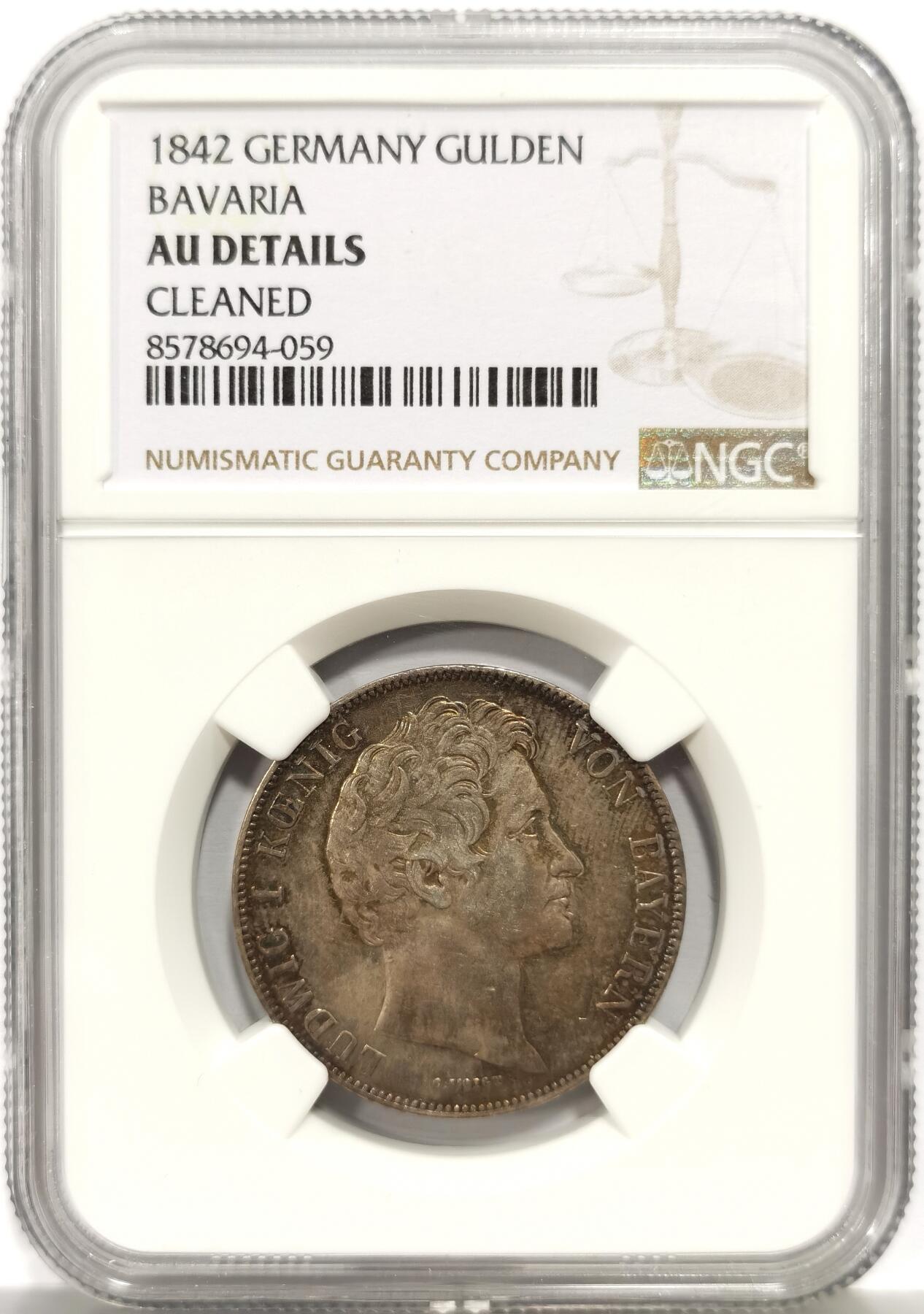 博洋堂世界钱币拍卖第156期（全场包邮） NGC AU 德国巴伐利亚1842年路德维希一世1盾银币，德系少见品种，底板丝滑带五彩，无磨给清洗属实错杀，白币裸币都要四百了