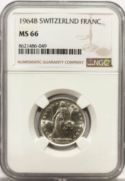 博洋堂世界钱币拍卖第156期（全场包邮） - NGC MS66 瑞士1964年1法郎银币，丝滑转光，顶级品相，银价飞涨，值得入藏