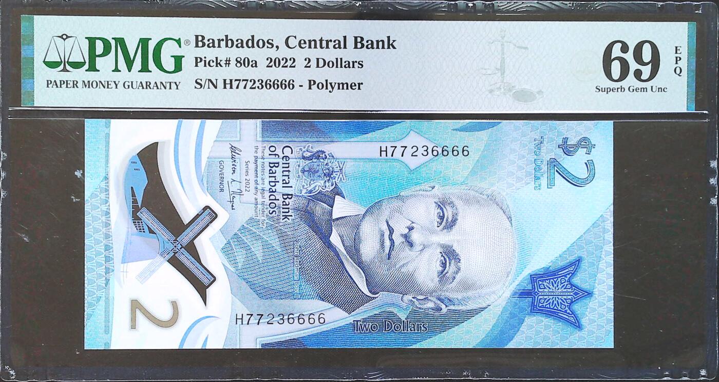 世界靓号纸钞第八十期 2022年巴巴多斯2元 H77冠 无47 狮子号6666 PMG69 超高分