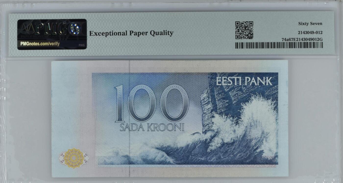🐍甜小邱世界纸币收藏🐍第139期精品场💐 【亚军分】a版 686百位号+无3457倒置号 PMG67 爱沙尼亚 100克朗 经典海燕 1991