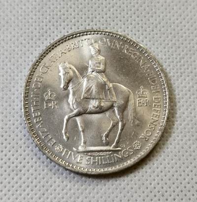 甄臻铺-世界币章拍卖（第46期）送拍享返佣金等优惠多多（1月10日精品场，敬请期待） - 英国伊丽莎白二世登基5先令大镍币，1953年  发行量 5963000枚  带转光未流通品相，细节很好，直径38.6mm，细节见图