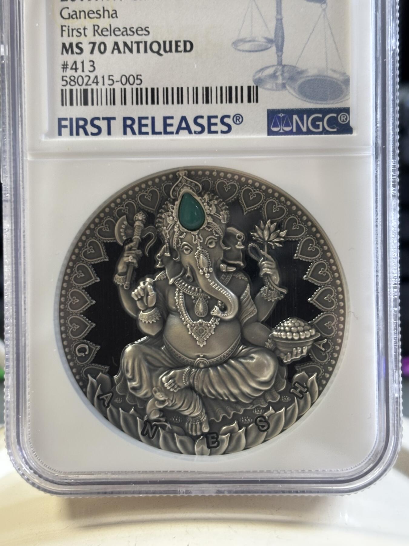 第187期拍卖 喀麦隆2019世界文化系列2象鼻神2盎司高浮雕镶嵌银币NGC-MS70首无盒无证书，999银，发行500枚