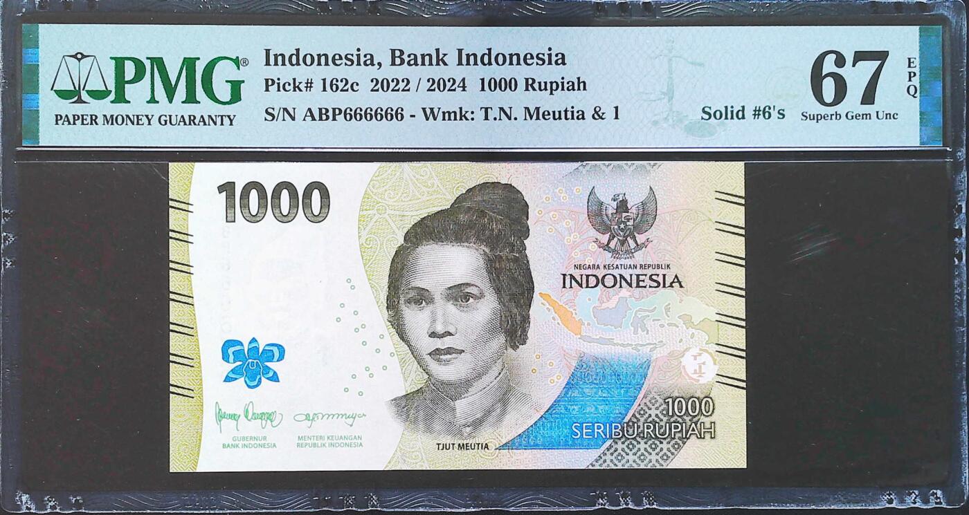 世界靓号纸钞第八十期 2024年印度尼西亚1000卢比 超级靓号全同号666666 PMG67 