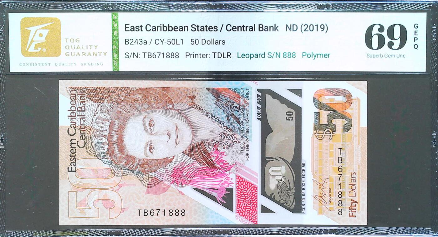 世界靓号纸钞第八十期 2019年东加勒比50元 次大面值 全程无4 豹子号888 TQG69 超高分