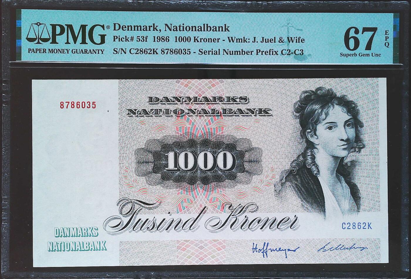 世界靓号纸钞第八十期 1986年丹麦1000克朗 全程无4 PMG67 经典大松鼠 