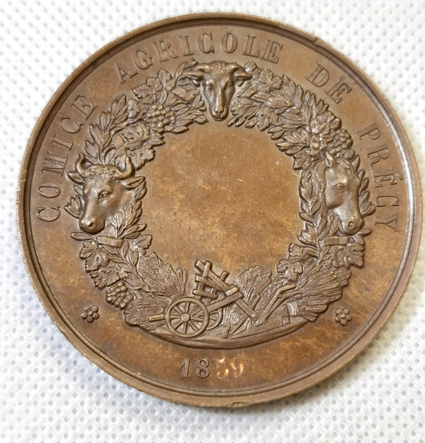 甄臻铺-世界币章拍卖（第46期）送拍享返佣金等优惠多多（1月10日精品场，敬请期待） 1859年拿破仑三世农业铜章 57.8克 50.6mm 手指铜标 脸上有墨，细节见图