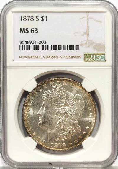 博洋堂世界钱币拍卖第156期（全场包邮） - NGC MS63 美国1878摩根 首发年 五彩包浆 底板细腻 瑕疵很少的一枚首发年摩根 NGC严评 64分的状态！