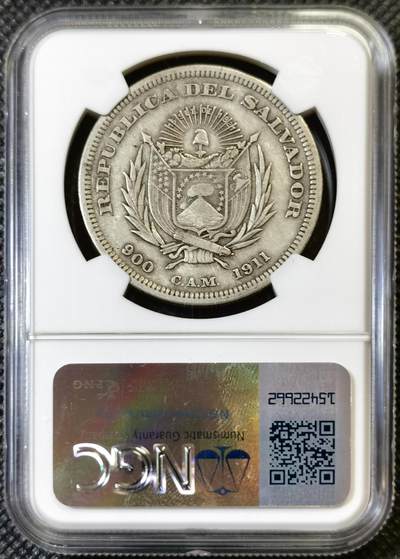 甄臻铺-世界币章拍卖（第46期）送拍享返佣金等优惠多多（1月10日精品场，敬请期待） NGC-VFD 1911年萨尔瓦多哥伦布1比索大银币，包浆醇厚