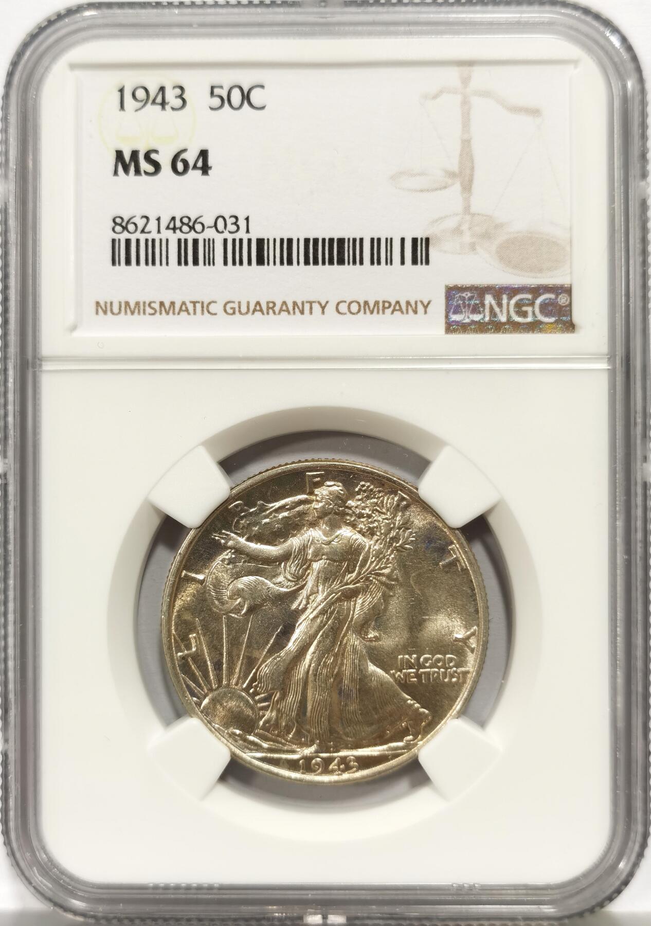 博洋堂世界钱币拍卖第156期（全场包邮） NGC MS64 美国1943年行走女神半美元银币，人像精美，鹰面立体，转光丝滑