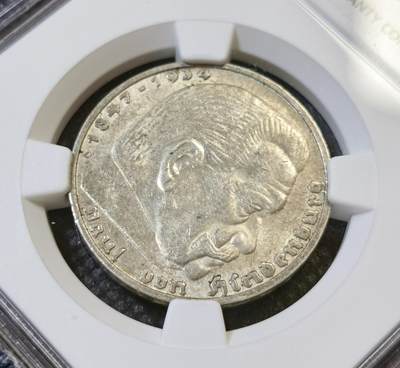 甄臻铺-世界币章拍卖（第46期）送拍享返佣金等优惠多多（1月10日精品场，敬请期待） NGC-MS62 德国 1936年 5马克 第三帝国D版兴登堡带字银币 原味包浆