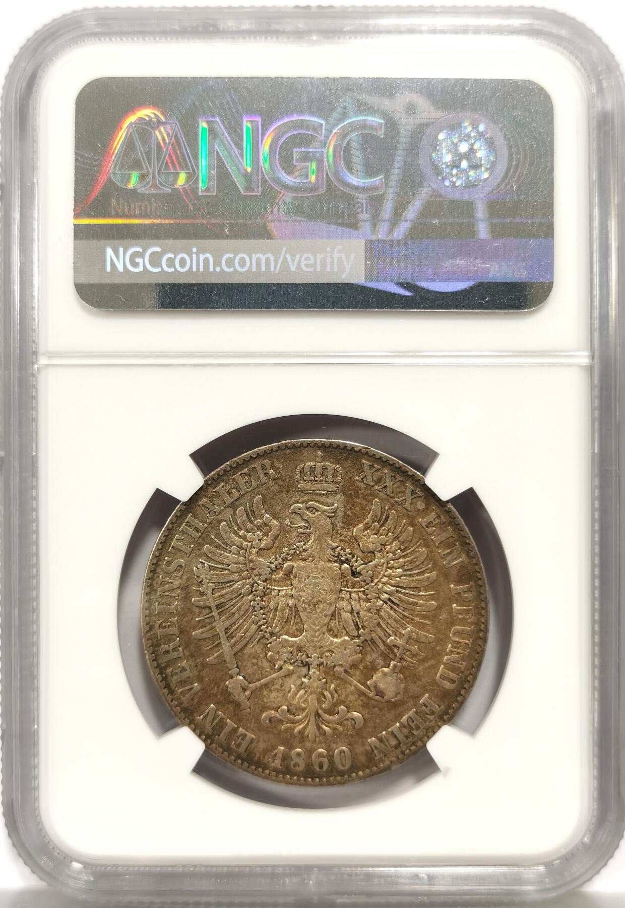 博洋堂世界钱币拍卖第156期（全场包邮） NGC AU 德国普鲁士1860年威廉四世离冠鹰泰勒银币，双面经典欧陆五彩包浆，打制锋利，人物形象挺拔，NGC错杀