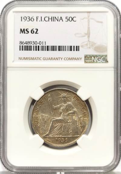博洋堂世界钱币拍卖第156期（全场包邮） - NGC MS62 法属印支1936年坐洋50分银币 状态不错 性价比比较高的一枚