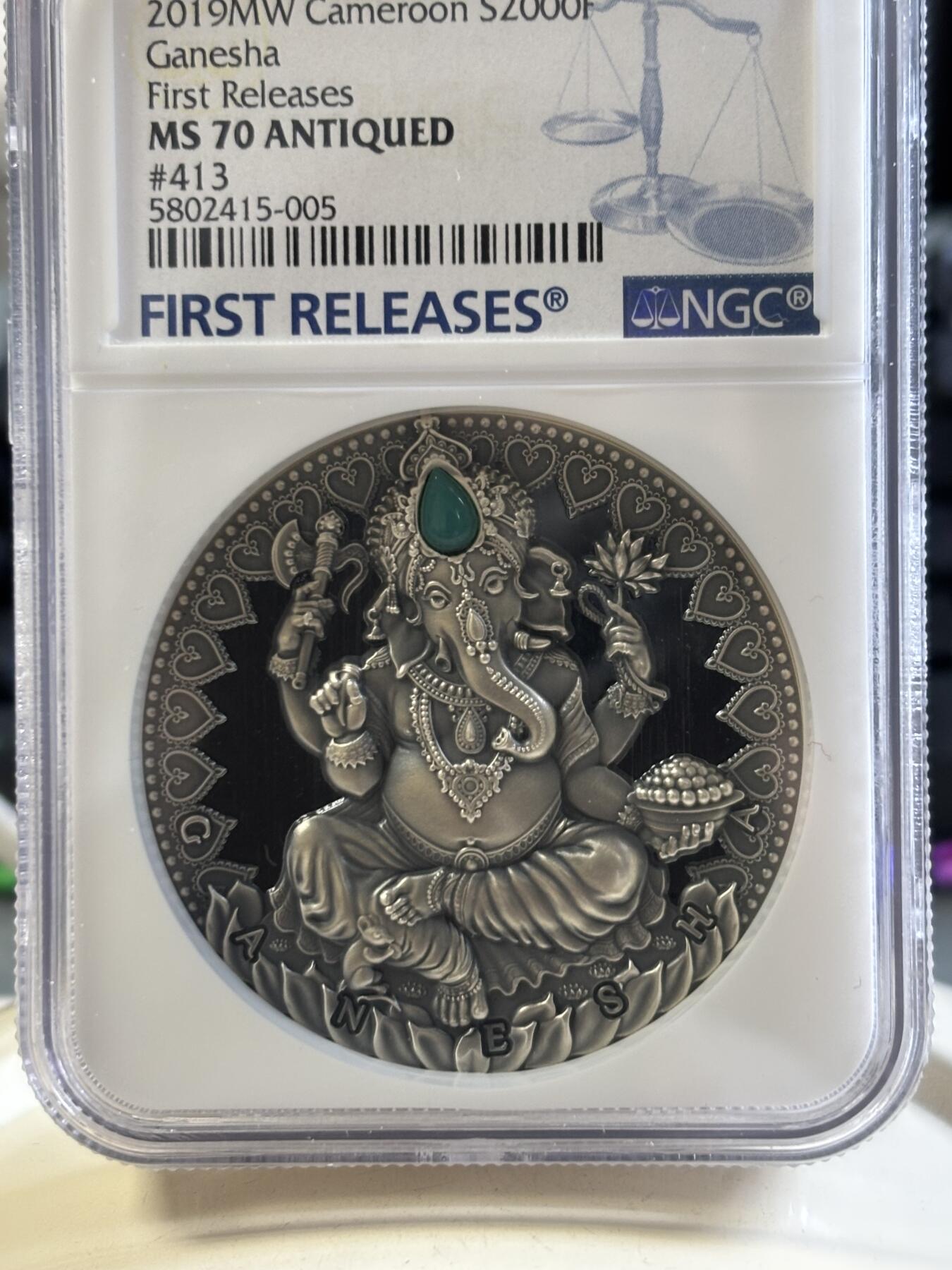 第187期拍卖 喀麦隆2019世界文化系列2象鼻神2盎司高浮雕镶嵌银币NGC-MS70首无盒无证书，999银，发行500枚