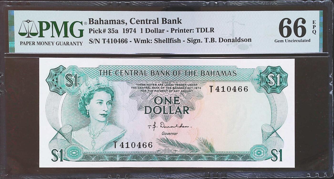 世界靓号纸钞第八十期 1974年巴哈马1元 a版 尾66 PMG66