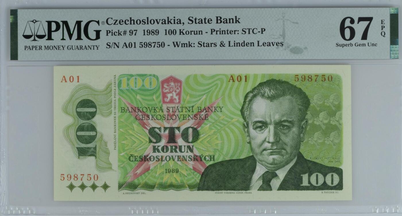 🐍甜小邱世界纸币收藏🐍第139期精品场💐 【亚军分+A01首发冠】PMG67 捷克斯洛伐克 100克朗 1989