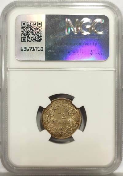 博洋堂“生趣盎然”4月精品专场暨第169期（全场包邮） NGC MS63 德国1915年1/2马克银币，超炫半月彩包浆，顶级的视觉盛宴