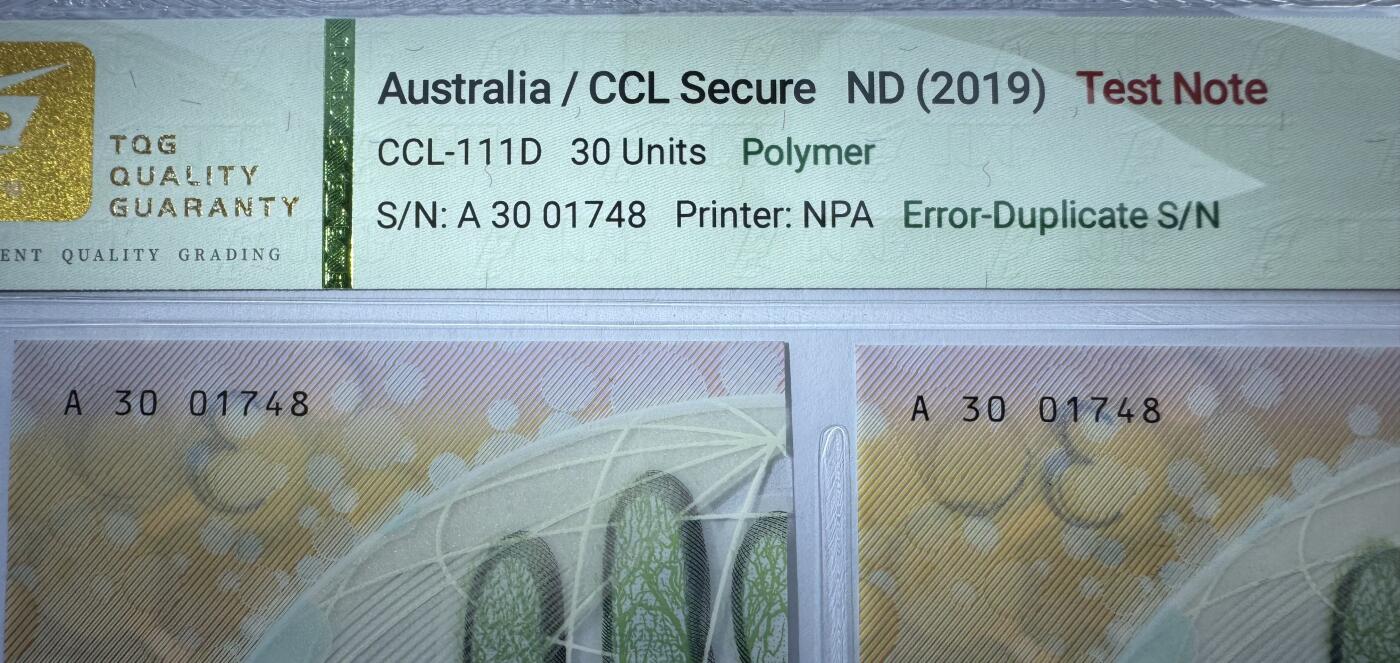 2026第1场（总第228期）：精品测试钞、外钞、塑料钞、连体钞综合场 Error同号码错误 黄色荧光/CCL塞卡瑞希 “Guardian塑料钞发行30周年～手型”塑料测试钞同号码一对（TQG66）