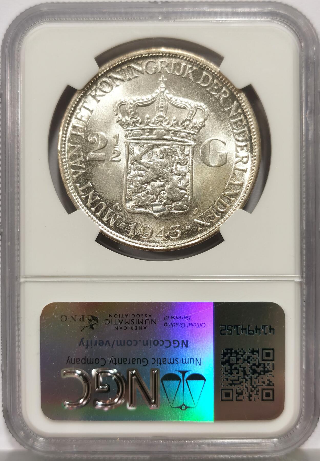 博洋堂世界钱币拍卖第156期（全场包邮） NGC MS64 荷属东印度1943年威廉明娜2.5盾大银币 单年份 高分难得