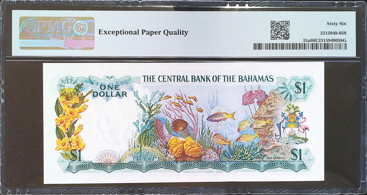 世界靓号纸钞第八十期 1974年巴哈马1元 a版 尾66 PMG66
