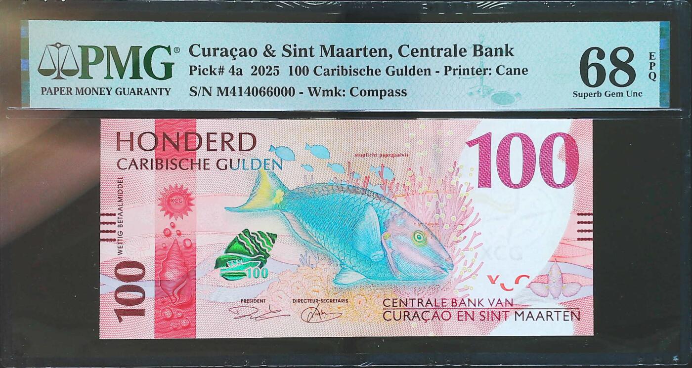 世界靓号纸钞第八十期 2025年库拉索和圣马丁100盾 全偶数 豹子号000 PMG68 冠军分！！ 非常漂亮的一张钞