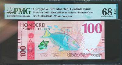 世界靓号纸钞第八十期 - 2025年库拉索和圣马丁100盾 全偶数 豹子号000 PMG68 冠军分！！ 非常漂亮的一张钞