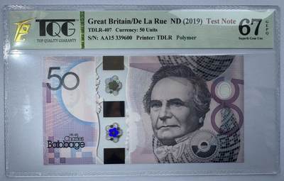 2026第1场（总第228期）：精品测试钞、外钞、塑料钞、连体钞综合场 - 德纳罗DLR 2019版“英国思想家 查尔斯.巴贝奇”塑料测试钞（TQG67）