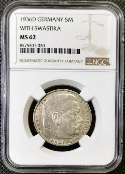 甄臻铺-世界币章拍卖（第46期）送拍享返佣金等优惠多多（1月10日精品场，敬请期待） - NGC-MS62 德国 1936年 5马克 第三帝国D版兴登堡带字银币 原味包浆