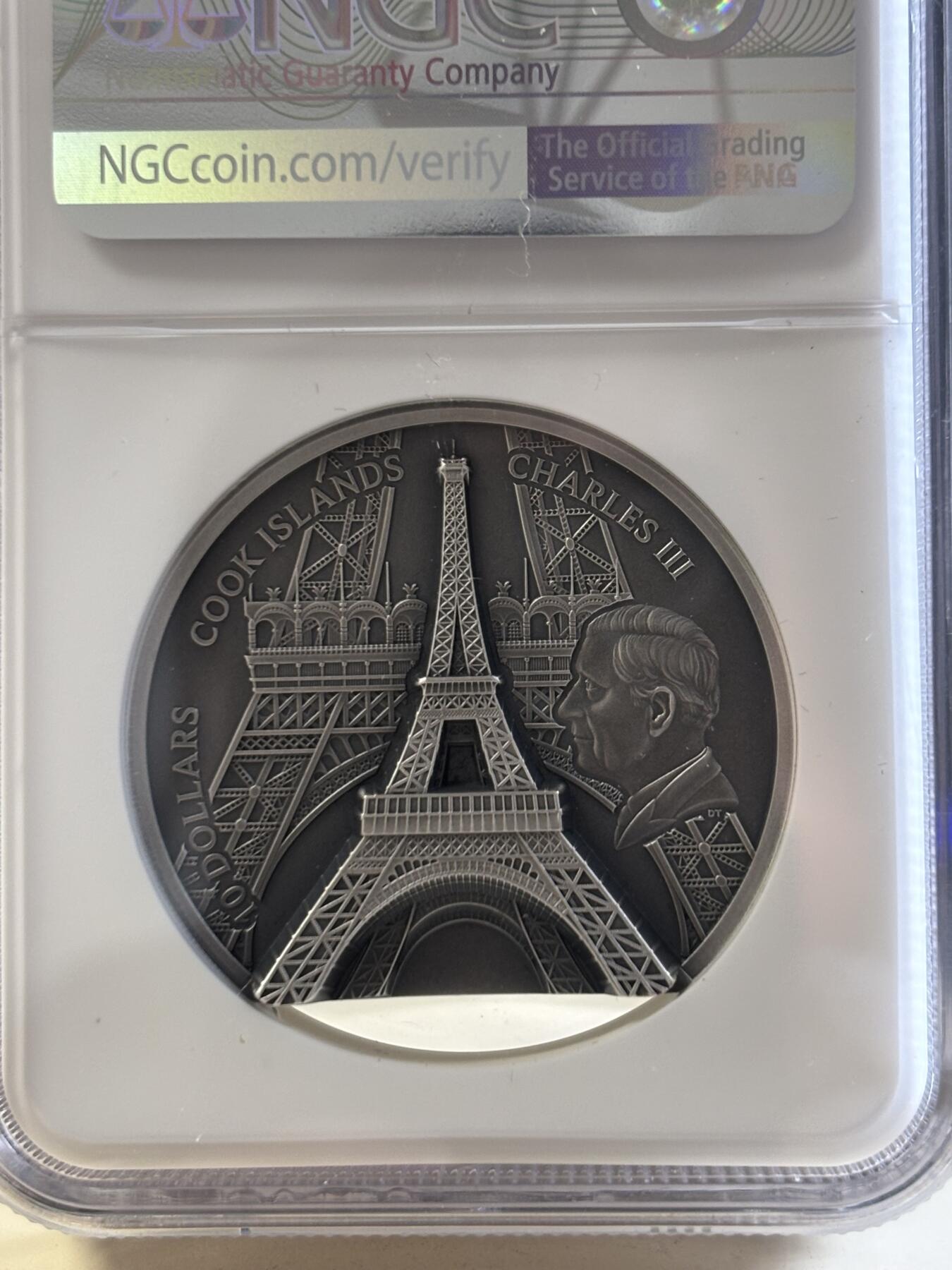 第187期拍卖 库克2024年埃菲尔铁塔2盎司高浮雕银币NGC-PF70首无盒无证书，999银，发行1500枚