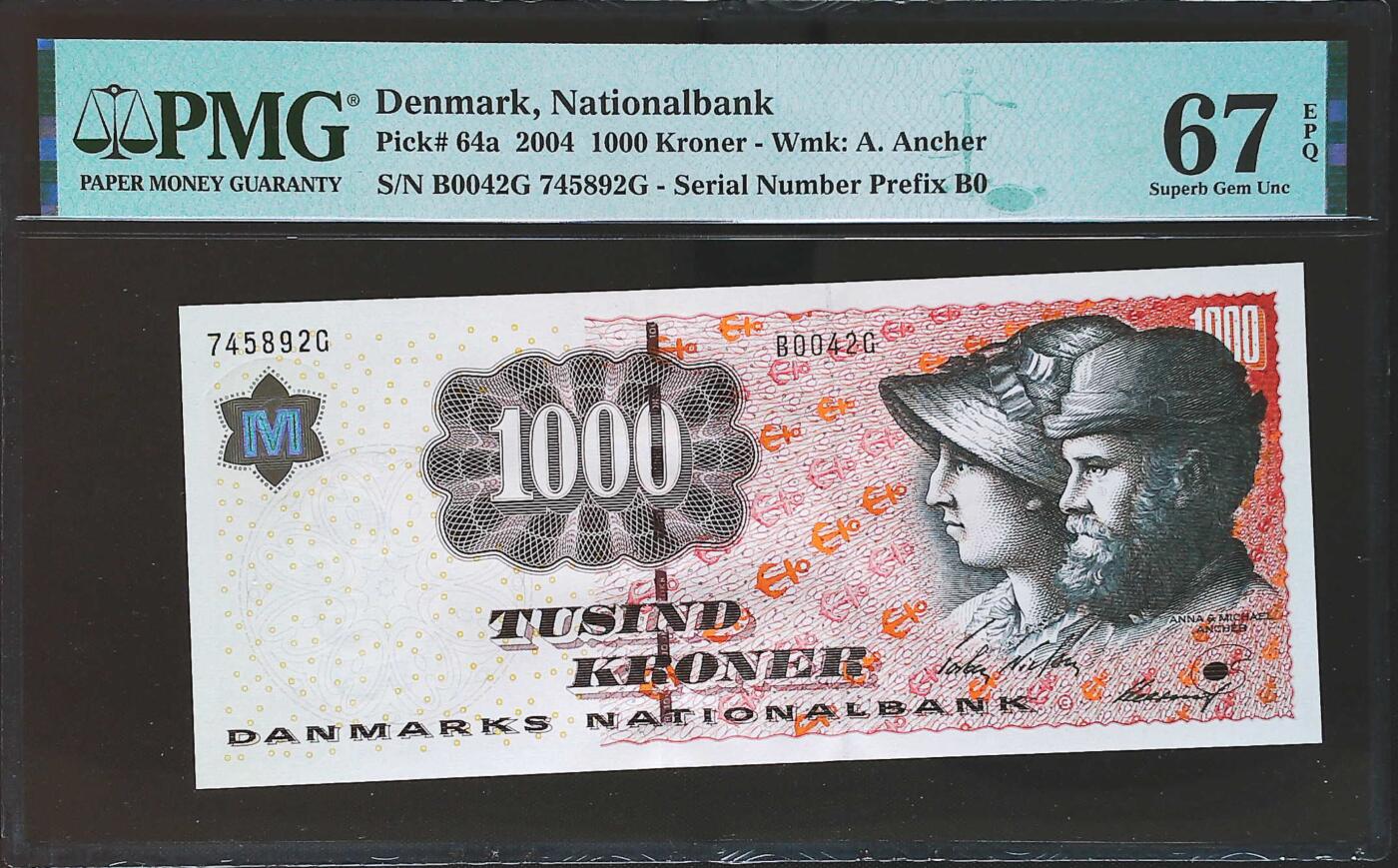 世界靓号纸钞第八十期 2004年丹麦1000克朗 浮雕版 稀少a版 PMG67 高分