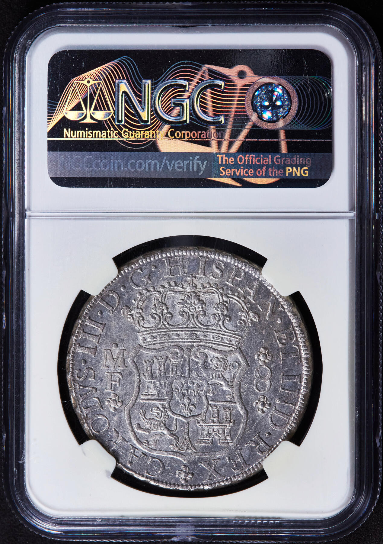 【俄甄集藏】2026年(046)01-07 星期三 晚 19:30 全场包邮 西属墨西哥1769年卡洛斯三世FM版8里亚尔双柱地球大银币，NGC AU58，底板凝霜，紫罗兰淡彩包浆，无弱打，高点细节俱佳