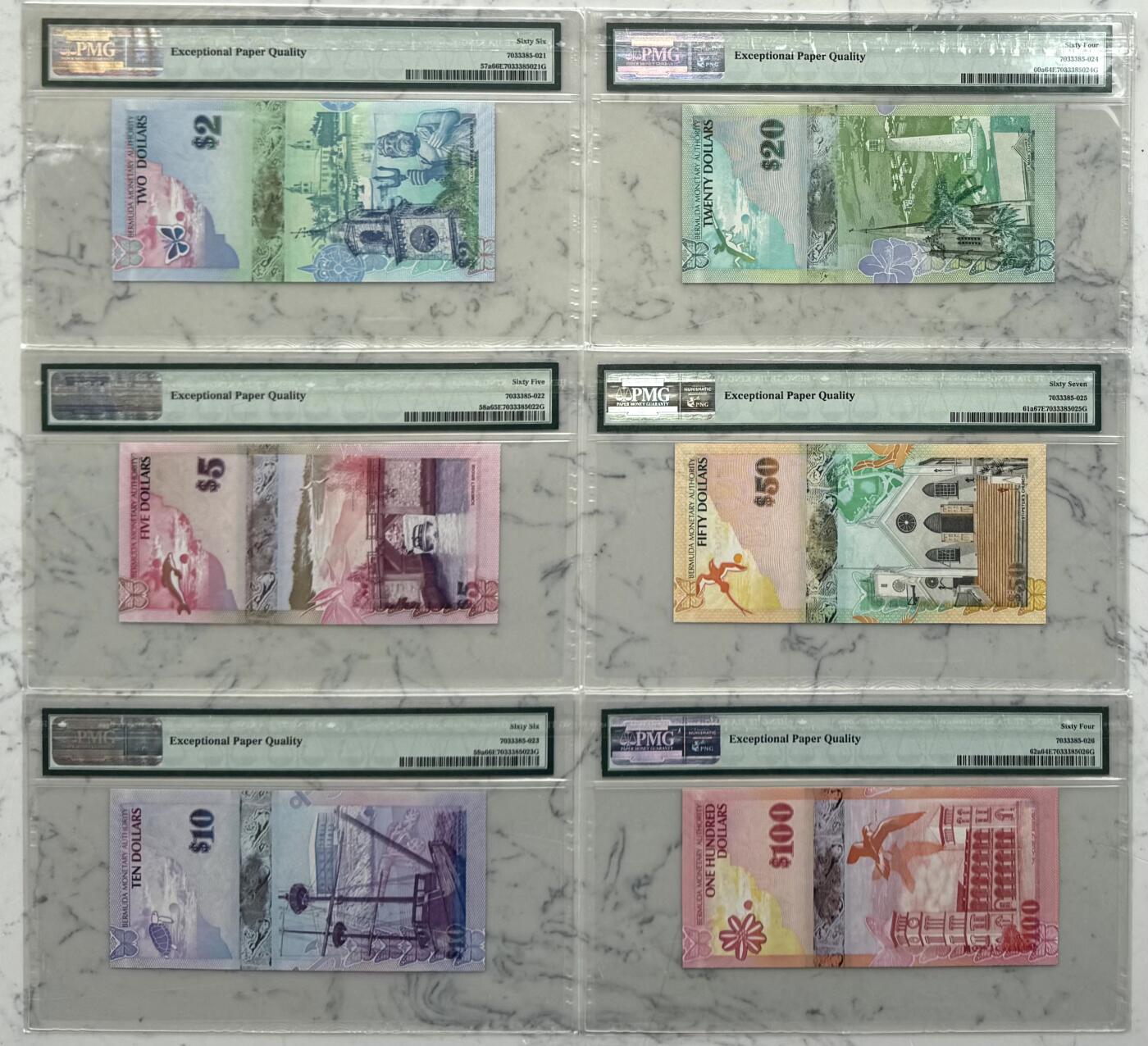 2026第1场（总第228期）：精品测试钞、外钞、塑料钞、连体钞综合场 洋葱冠/百位全同号000835 百慕大2008年版2、5、10、20、50、100元全套6枚（正宗世界最佳纸币获奖年份）PMG64-67