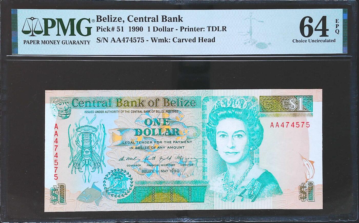 世界靓号纸钞第八十期 1990年伯利兹1元 首发AA冠 PMG64