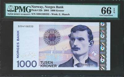 世界靓号纸钞第八十期 - 2004年挪威1000克朗 经典蒙克 豹子号333 PMG66