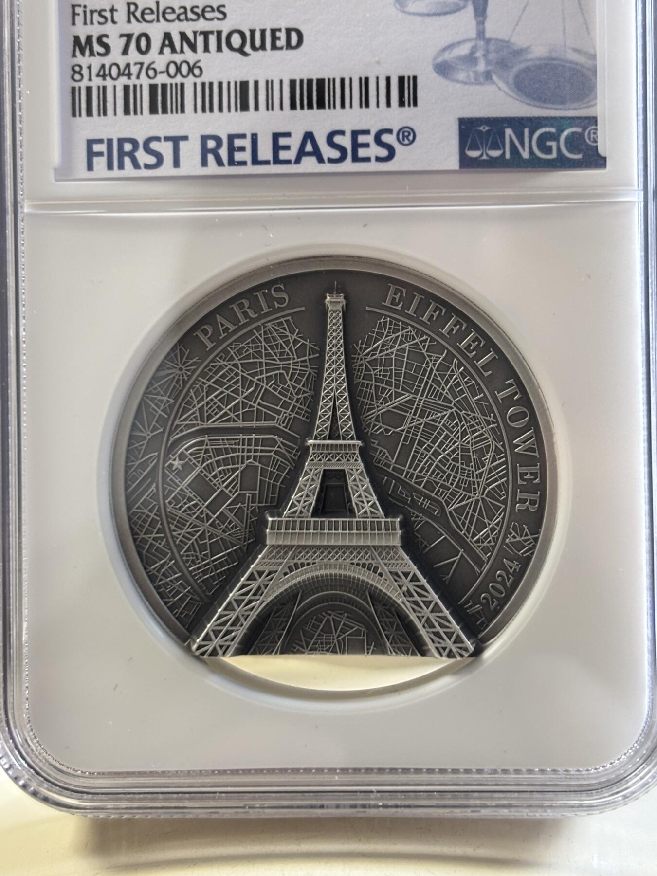 第187期拍卖 库克2024年埃菲尔铁塔2盎司高浮雕银币NGC-PF70首无盒无证书，999银，发行1500枚