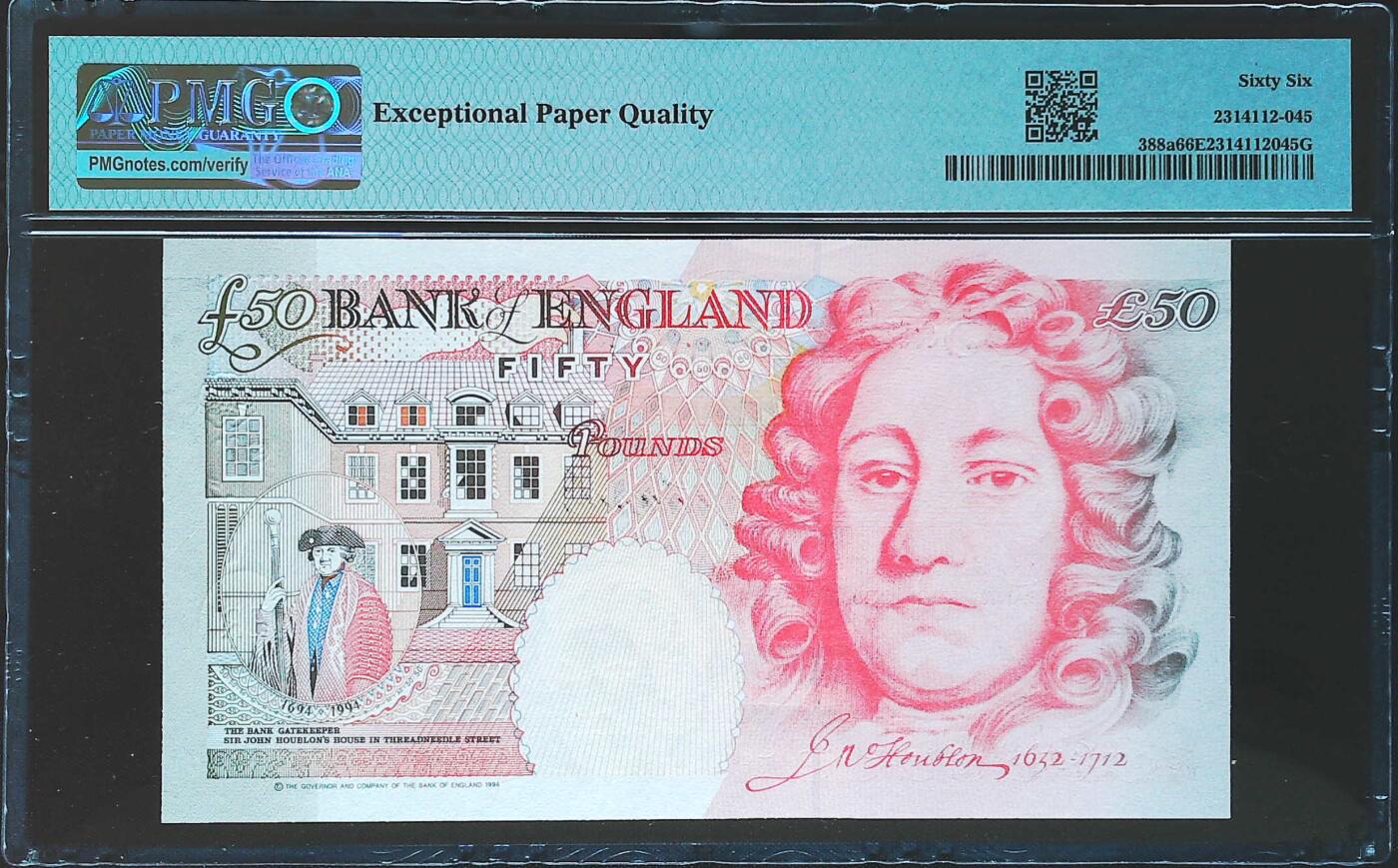 世界靓号纸钞第八十期 1994年英国英格兰银行50镑 稀少首发A01冠 千位号 PMG66