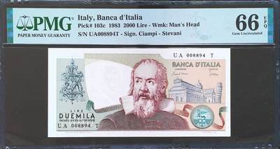 世界靓号纸钞第八十期 - 1983年意大利2000里拉 PMG66