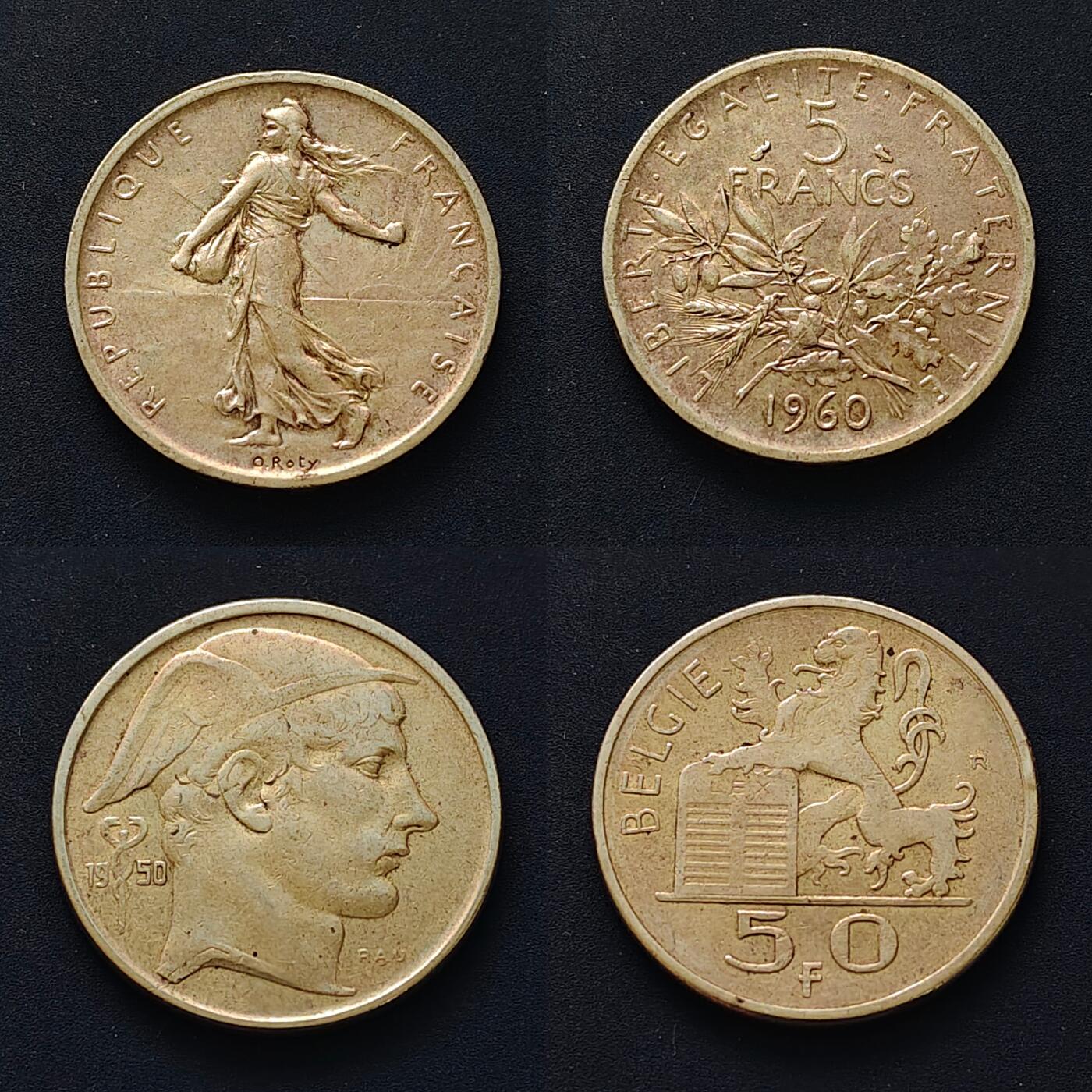 【全场包邮】纯粹捡漏拍493场 法国1960年5法郎+比利时1950年50法郎银币2枚一组【12克/12.5克，纯银价约368元（按18元银价折算）】