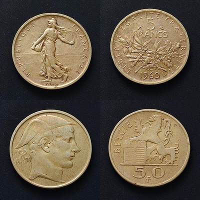 【全场包邮】纯粹捡漏拍493场 - 法国1960年5法郎+比利时1950年50法郎银币2枚一组【12克/12.5克，纯银价约368元（按18元银价折算）】