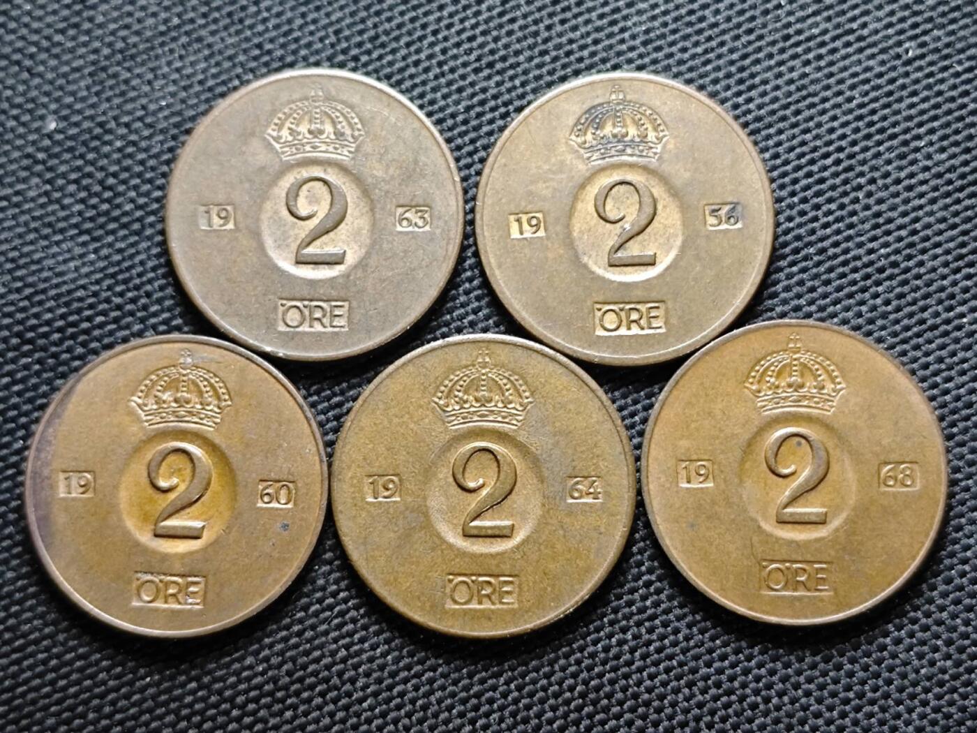 KK钱币收藏小铺  第387期  2月预留时间 周末发货  瑞典2欧尔铜币5枚