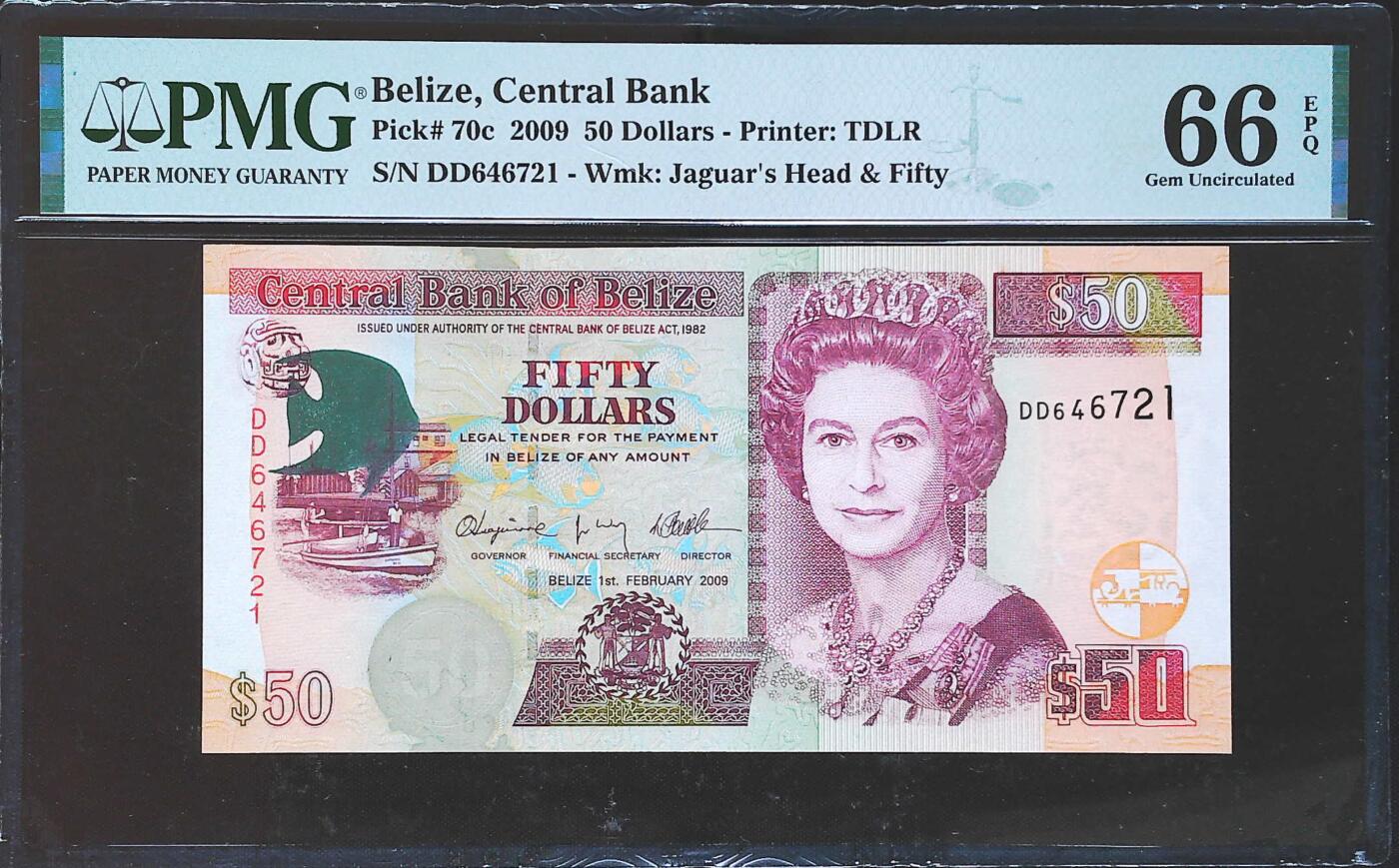 世界靓号纸钞第八十期 2009年伯利兹50元 次大面值 PMG66
