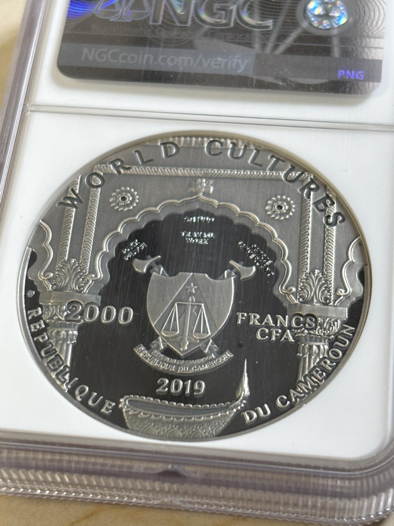 第187期拍卖 喀麦隆2019世界文化系列2象鼻神2盎司高浮雕镶嵌银币NGC-MS70首无盒无证书，999银，发行500枚