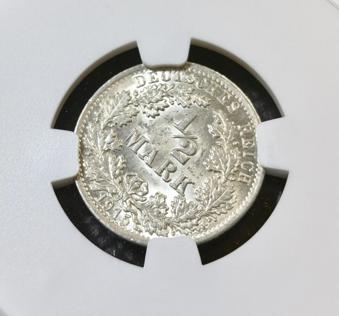 甄臻铺-世界币章拍卖（第46期）送拍享返佣金等优惠多多（1月10日精品场，敬请期待） NGC-MS63 1915年德国1/2马克，少见A厂