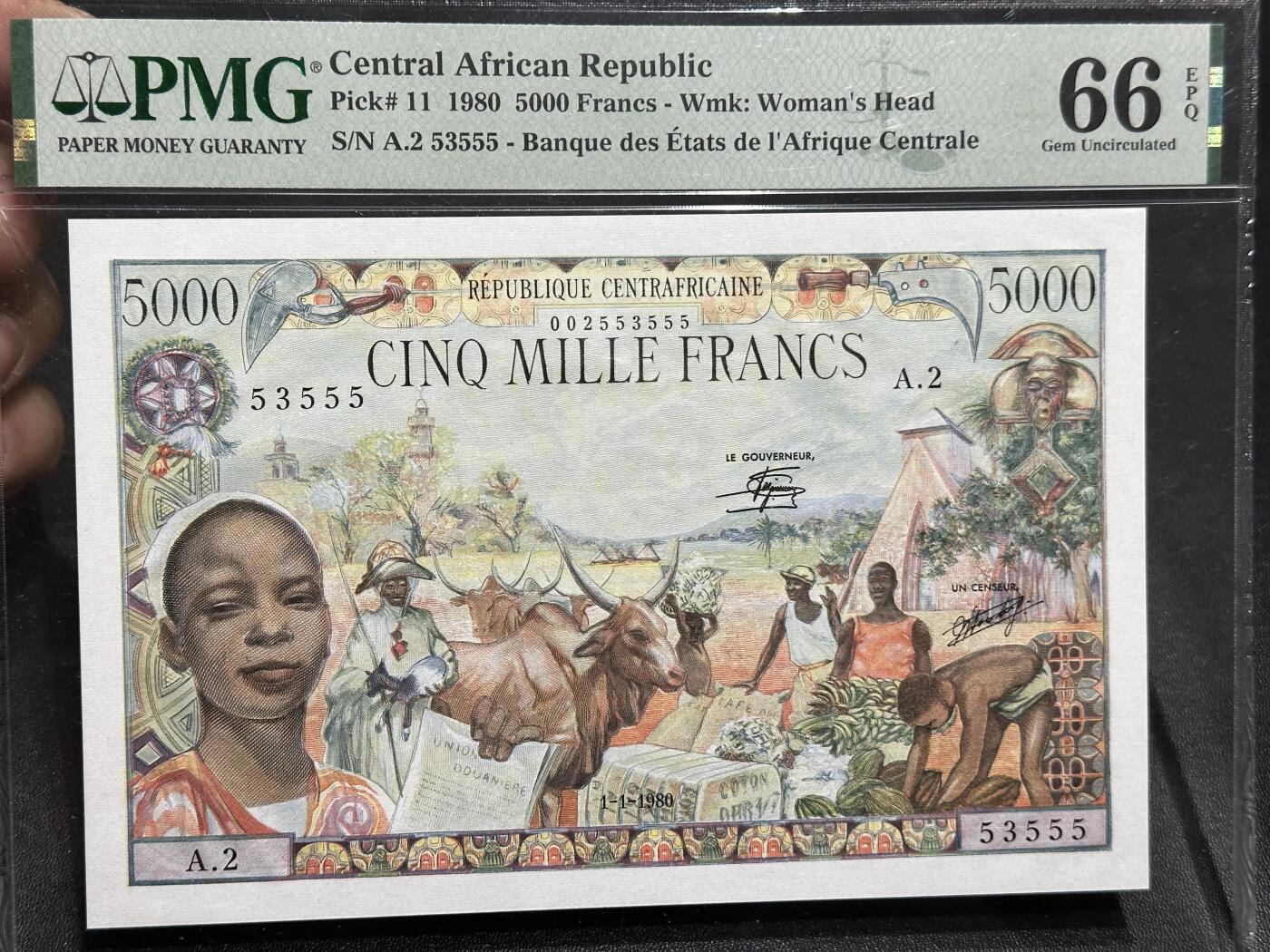 🎉🎉🎉《外钞收藏家》第六百期（年度庆典场）（本平台长期征集拍品、欢迎藏友们联系合作）❤️❤️❤️ 1980年法属 中非 5000法郎 大烟斗 PMG66 无47 豹子号555