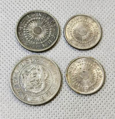 甄臻铺-世界币章拍卖（第46期）送拍享返佣金等优惠多多（1月10日精品场，敬请期待） 带光好品 日本旭日20钱、10钱、龙20钱银币4枚一组