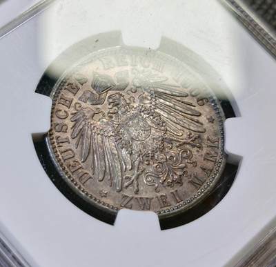 甄臻铺-世界币章拍卖（第46期）送拍享返佣金等优惠多多（1月10日精品场，敬请期待） NGC-AUD 1906年德国巴登金婚2马克银币,窖藏老深彩包浆