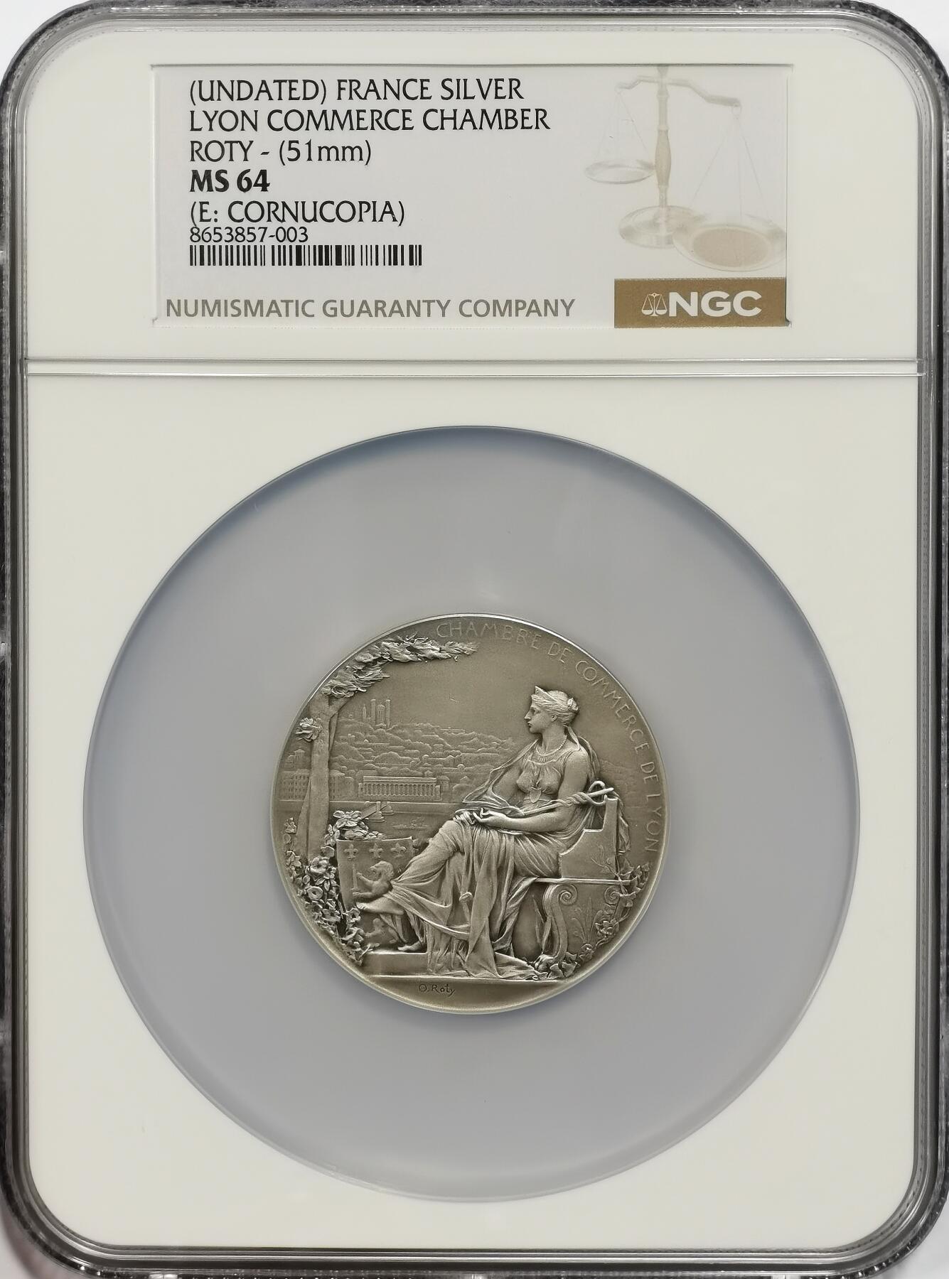 博洋堂世界钱币拍卖第156期（全场包邮） NGC MS64 O.Roty罗蒂 法国里昂商会银章，51mm，丰饶角1ARGENT，原铸，未刻字使用保存完好，高分好品相，罕见品种。