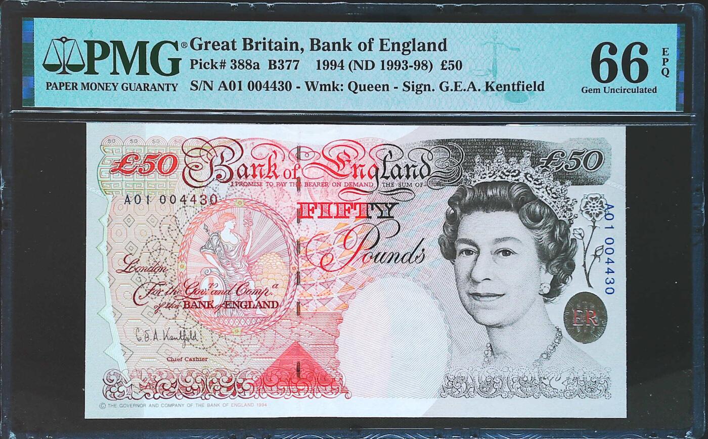 世界靓号纸钞第八十期 1994年英国英格兰银行50镑 稀少首发A01冠 千位号 PMG66