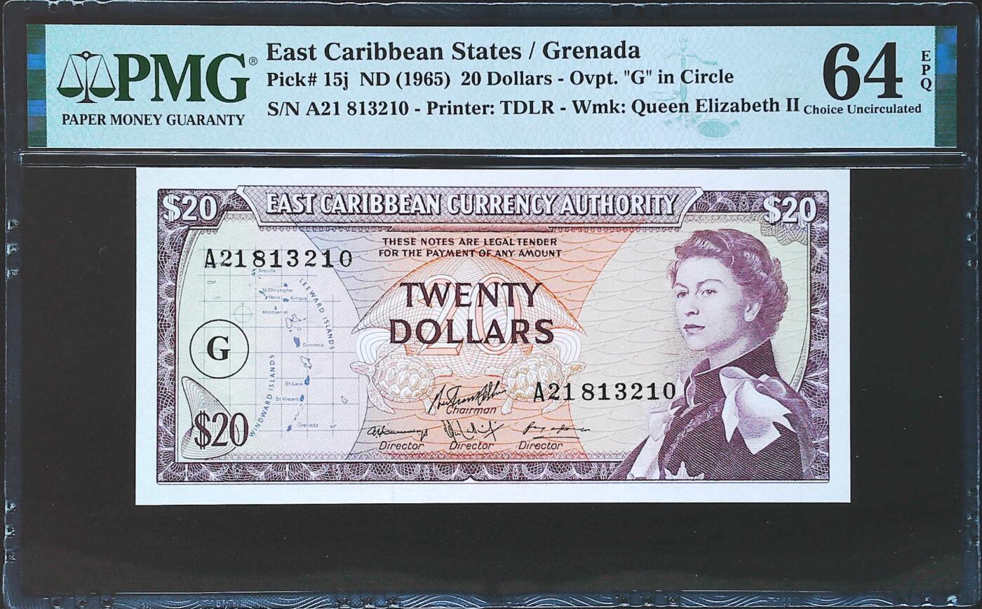 世界靓号纸钞第八十期 1965年东加勒比20元 戎装女王 全程无47 PMG64